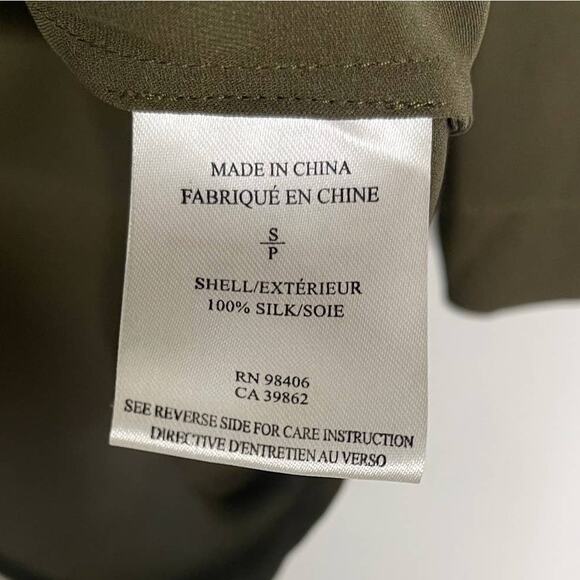 Theory Womens Small S Olive Green Brundia Silk Button Front Blouse Zip Chest Top - Picture 7 of 9